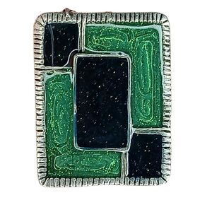 VTG Art Deco Adjustable Ring Green Black Enamel Rectangle Geometric Silvertone
